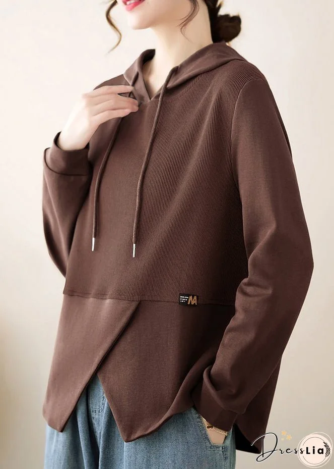 Women Coffee Asymmetrical Ruffled Patchwork Cotton Hooded Top Fall