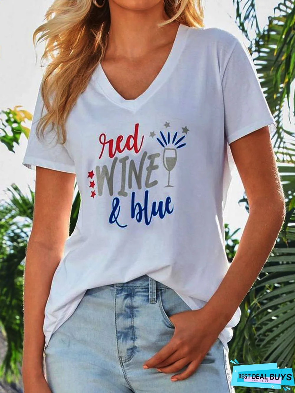 Loose V Neck Printed Cotton-Blend T-Shirts