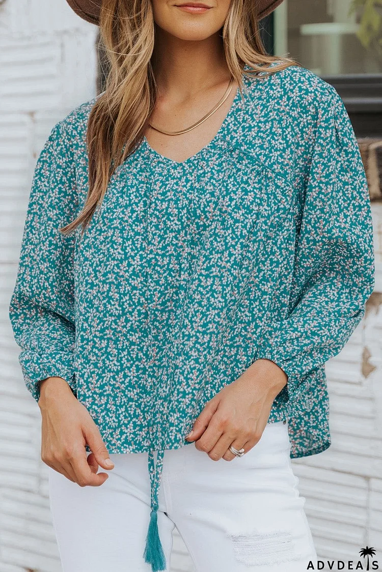 Floral Print Drawstring High Low V Neck Blouse