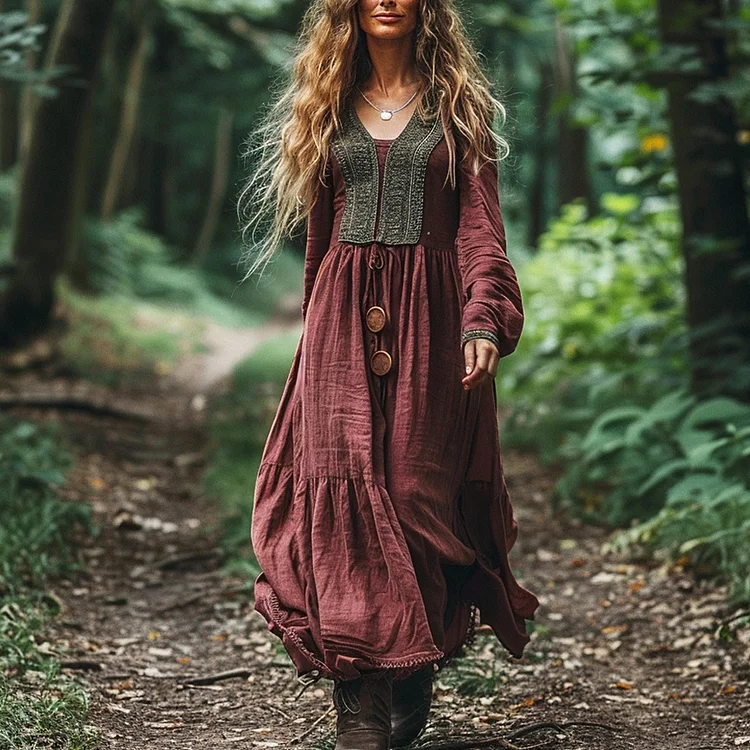 Women's Linen Bohemian Long Sleeves Casual Maxi Dress