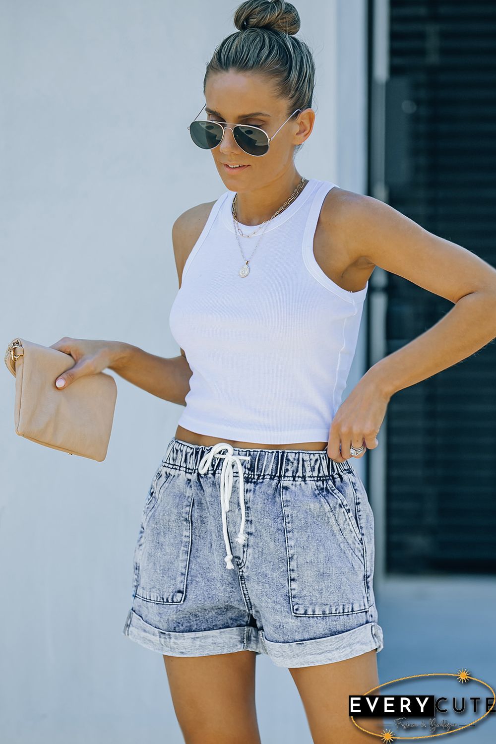 Sky Blue Pocketed Drawstring High Waist Denim Shorts