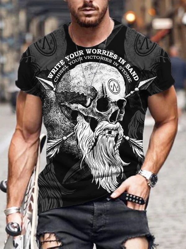 Comstylish Men's Write Your Worries In Sand Viking Skull T Shirt
