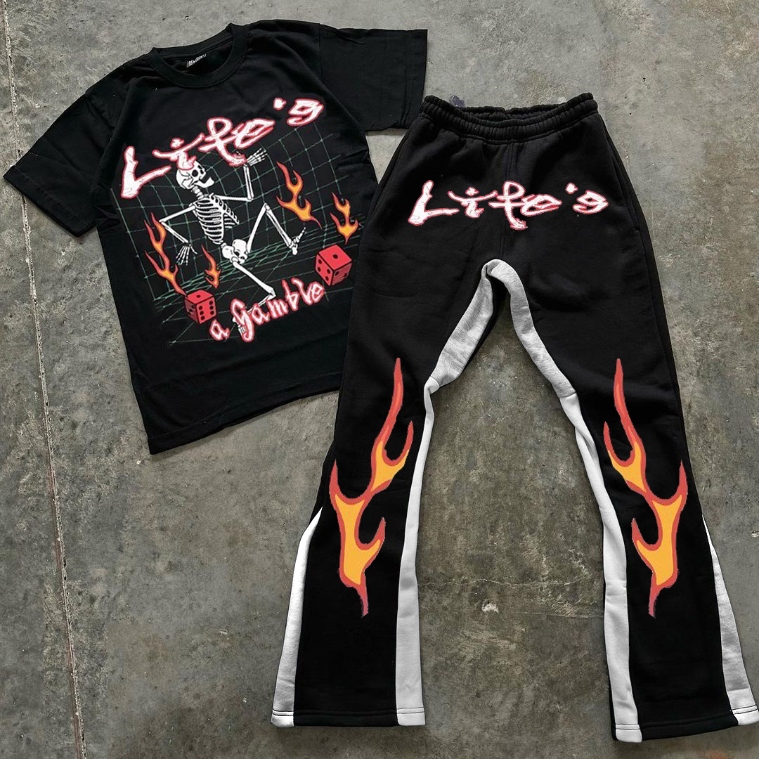 Personalized Life Print Graphic Short Sleeve Tee & Flared Trousers Two Piece Set