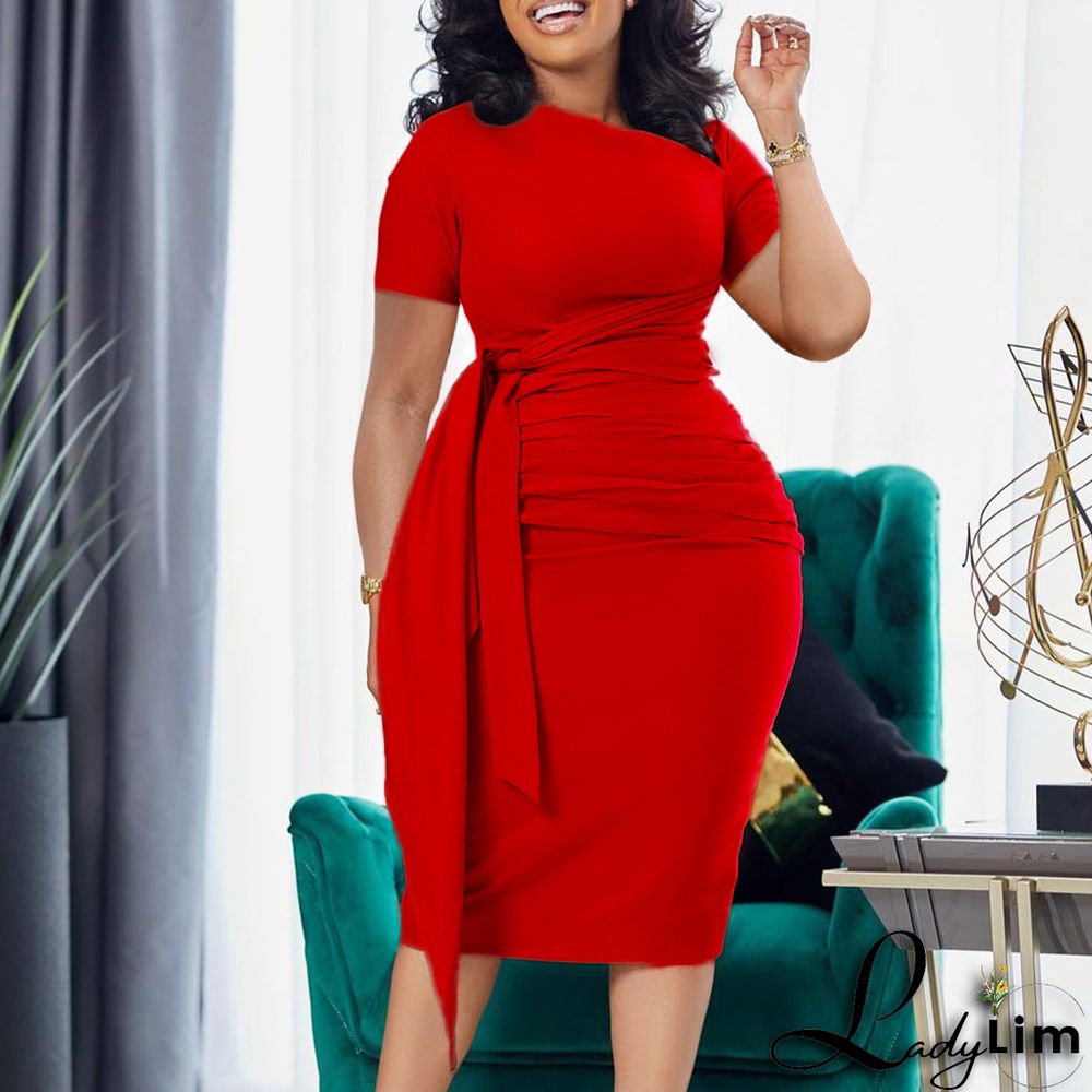 African Women Summer Short Sleeve Pleated Lace-Up Slash Shoulder Dress