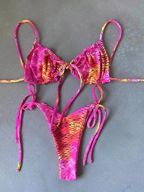 Triangle Floral Print Lace-Up Bikini Swimwear 