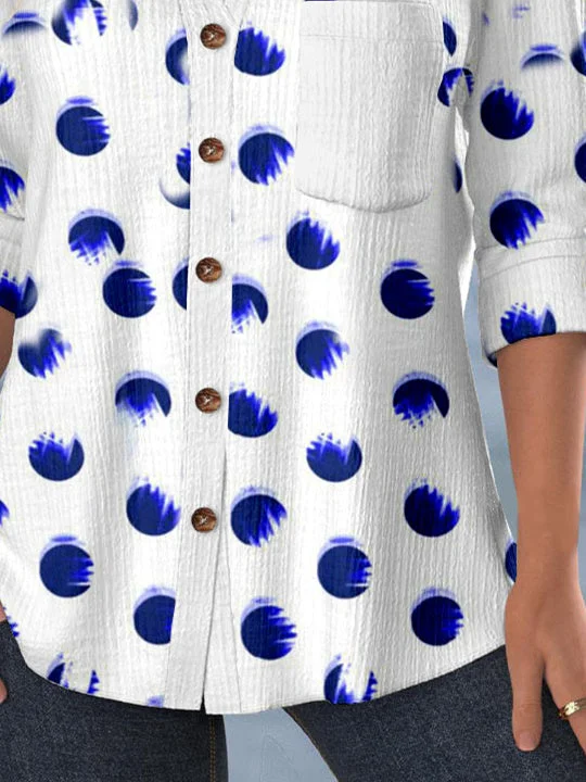 Women Long Sleeve Shirt Collar Polka Dot Printed Graphic Lace Button Pockets Tops