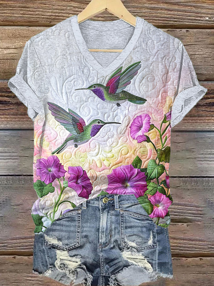Comstylish Hummingbird Floral Art Print V-Neck T-Shirt