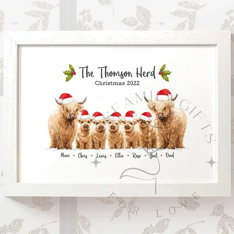 Highland Cow Christmas Family Portrait, Personalized Decoration Gifts for Parents and Grandparents