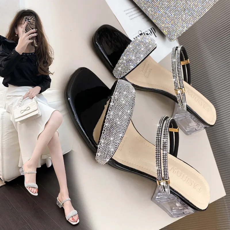 Breakj Breakj New Summer With High-Heeled Sandals Water Dew Toe Shows Coarse And High Square Head Lady Legs Long