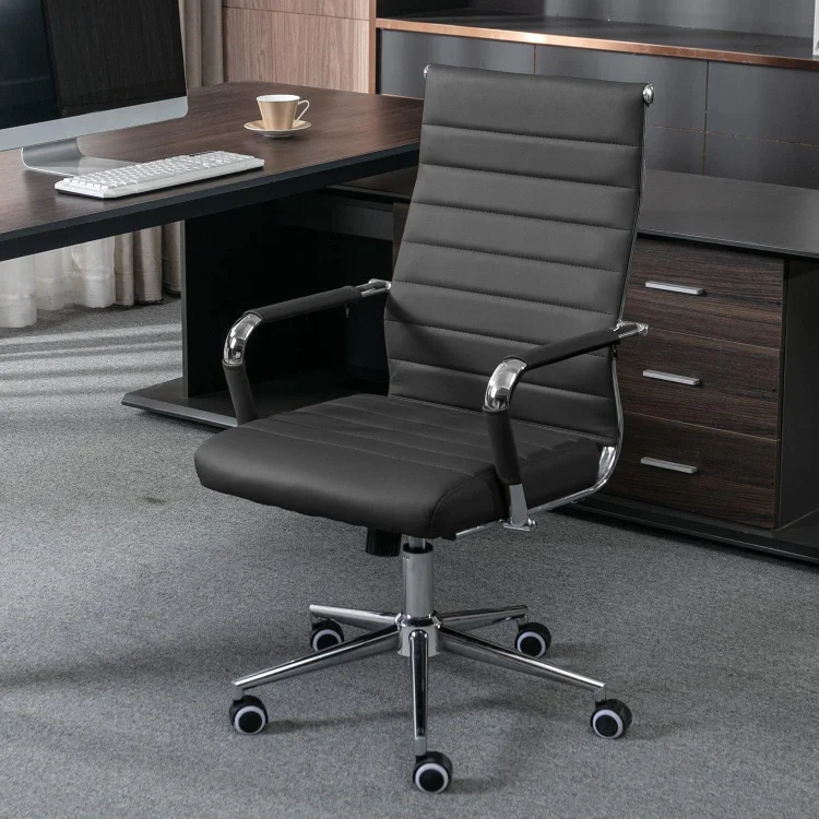 Office Desk Chair, Ergonomic Leather Modern Conference Room Chairs, Executive Ribbed Height Adjustable Swivel Rolling Chair for Home Office. (Black)