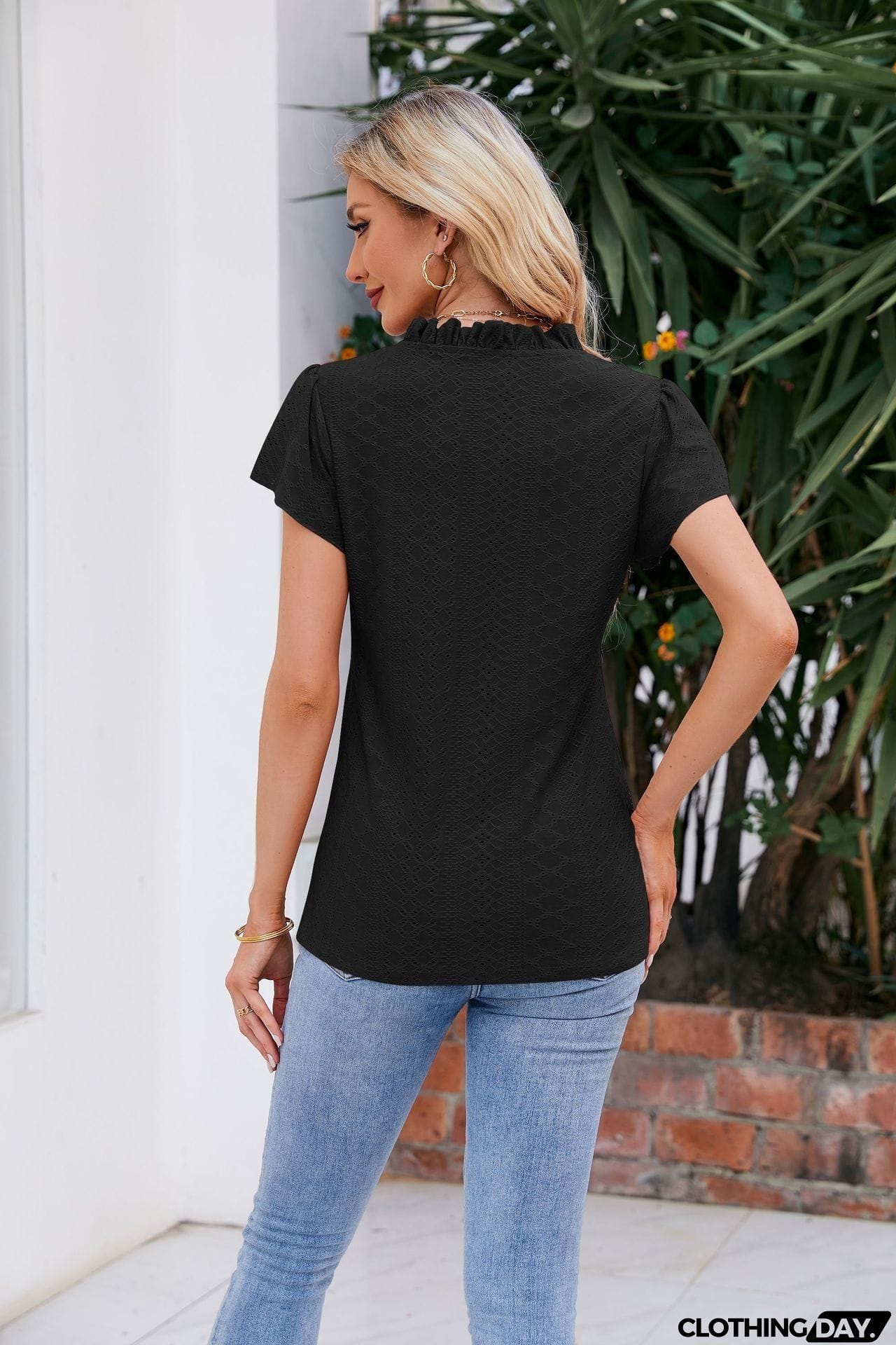 Notched Neck Puff Sleeve Blouse