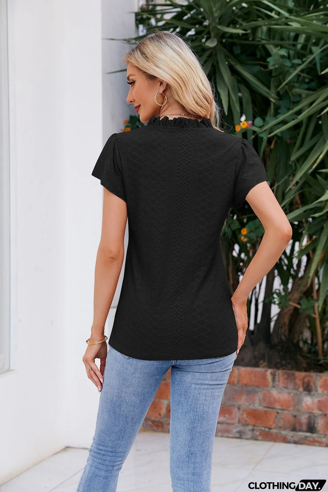 Notched Neck Puff Sleeve Blouse