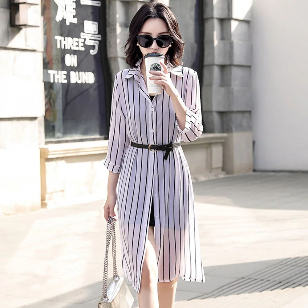 Chiffon Dresses 2020 Summer Women Casual Plaid Striped Dress Tunics Beach Cover Vintage Dress Tunic Robe Femme Cardigan Dresses