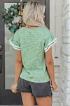 Women's Clearly Aqua Twilled Print Lace Trim Ruffled Short Sleeve Blouse T-shirt Top