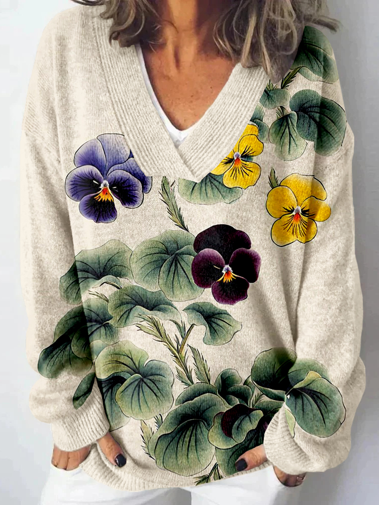 Comstylish Exquisite Pansy Blossom Art Cozy Knit Sweater