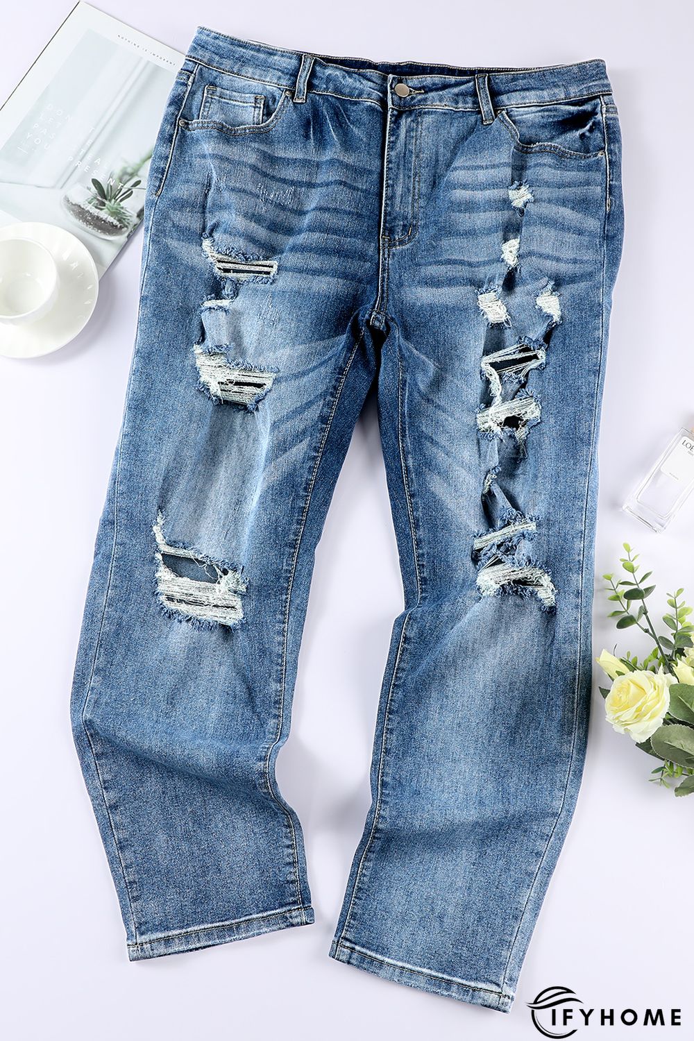 Blue Plus Size Distressed Slit Vintage Jeans | IFYHOME