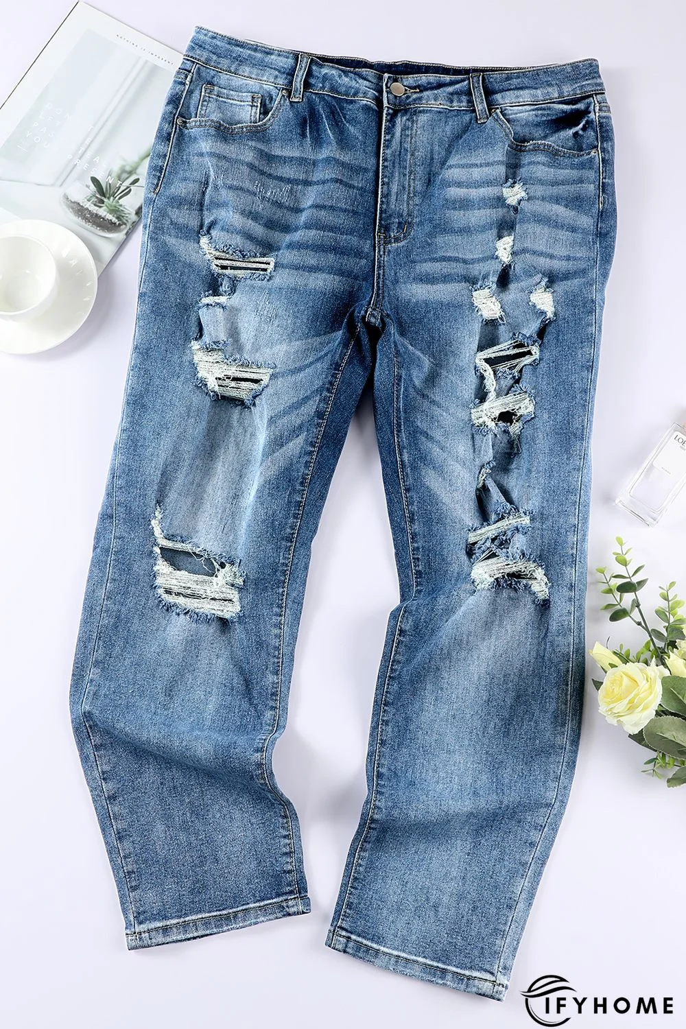 Blue Plus Size Distressed Slit Vintage Jeans | IFYHOME