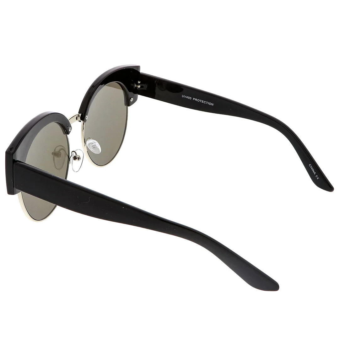 Women's Half Frame Oversize Cat Eye glasses Round Mirrored Flat Lens 59mm