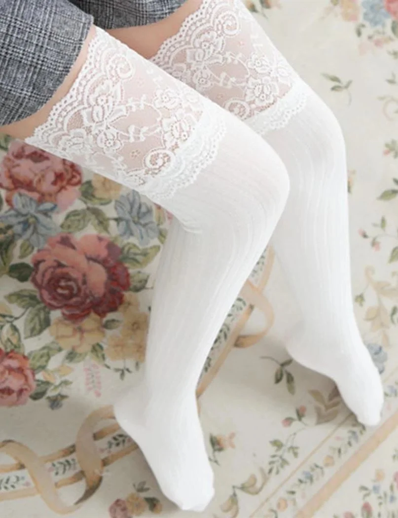 Knit Over Lace Knee Long Thigh High Socks