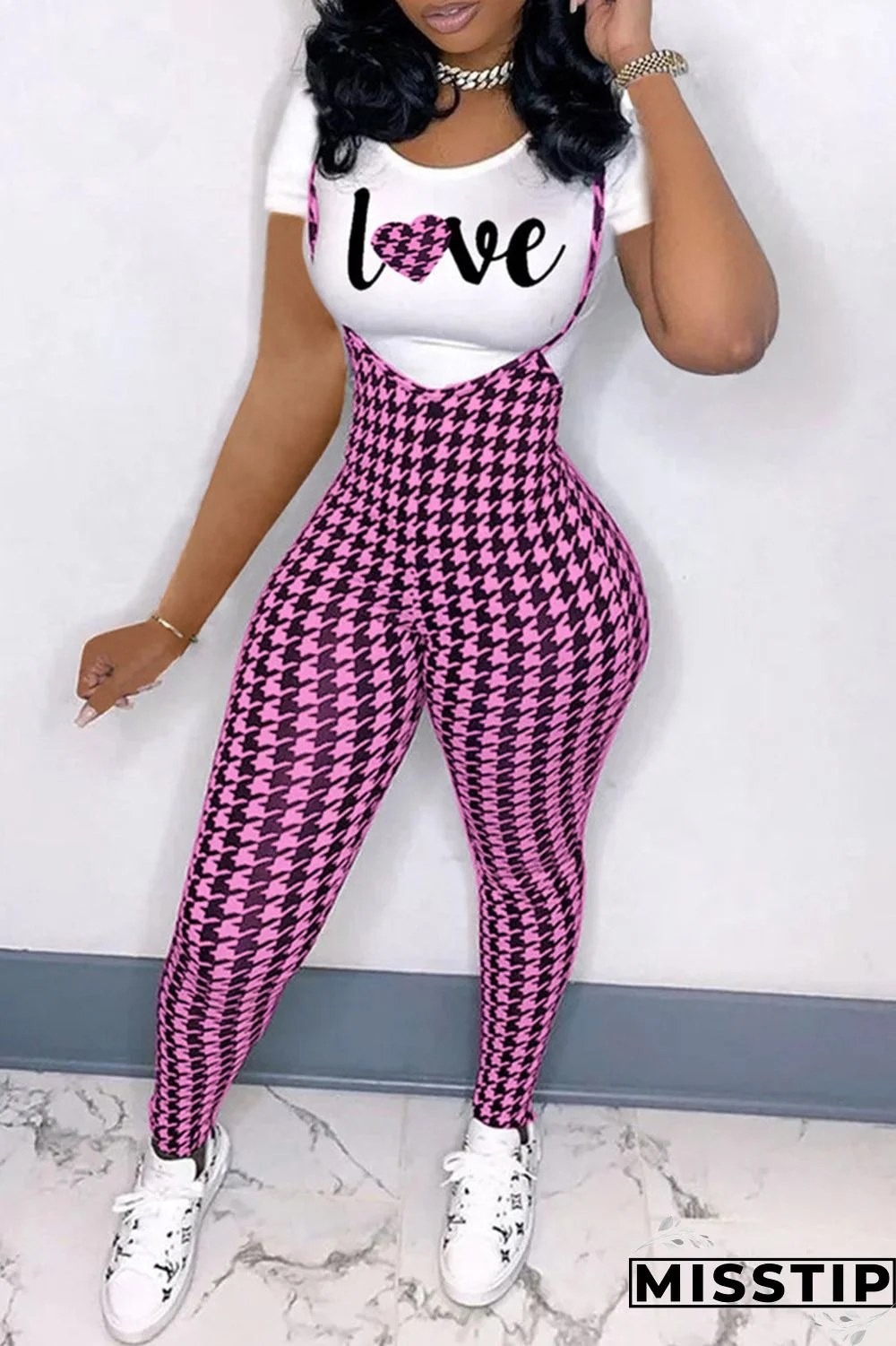 Pink Fashion Casual Letter Plaid Print Basic O Neck Short Sleeve Two Pieces