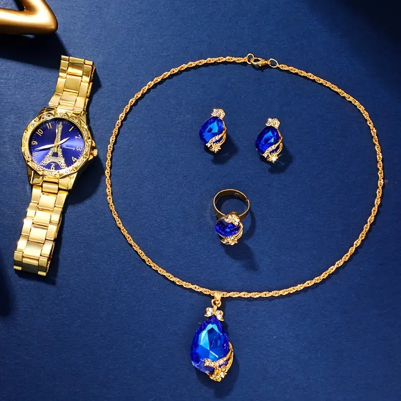5pcs set womens watch eiffel tower quartz watch luxury golden stainless steel wrist watch jewelry set gift for mom her details 6