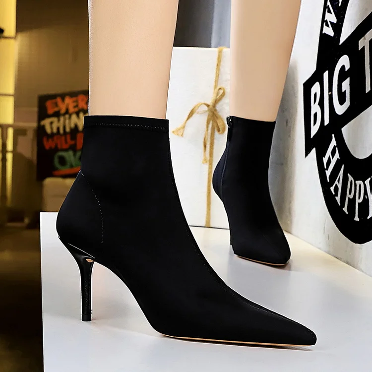 Bigtree Shoes 8788-1 European and American Style Ankle Boots Stiletto Heel Pointed Stretch Lycra Sexy Nightclubs Thinner Ankle Boots Skinny Boots