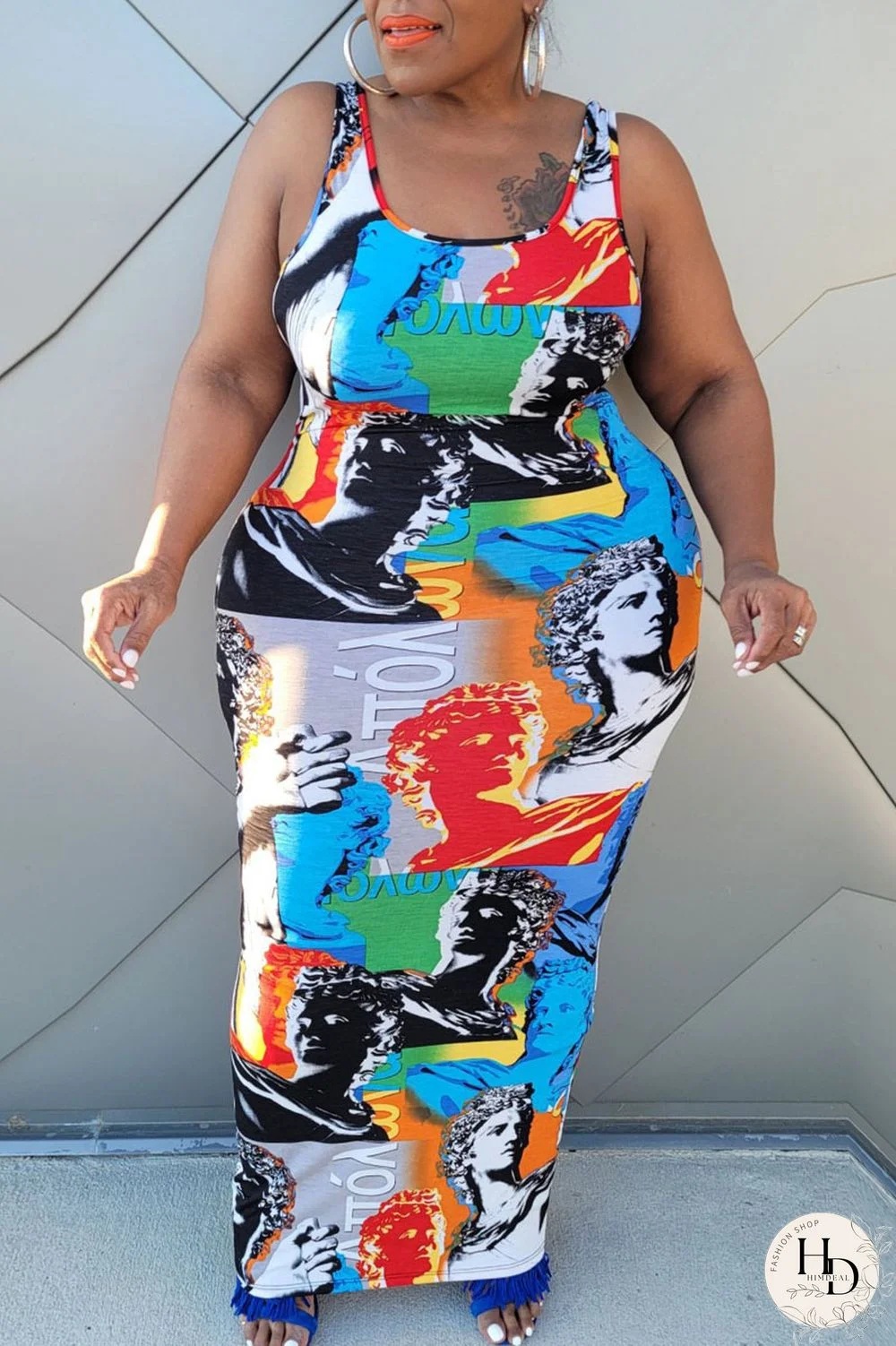Multi-color Street Print Split Joint U Neck Pencil Skirt Plus Size Dresses
