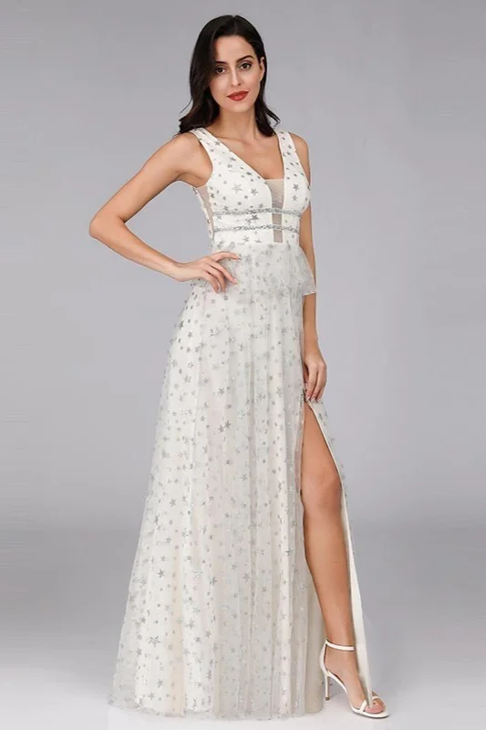 Elegant Sleevelss White Split Prom Dress With Stars - lulusllly