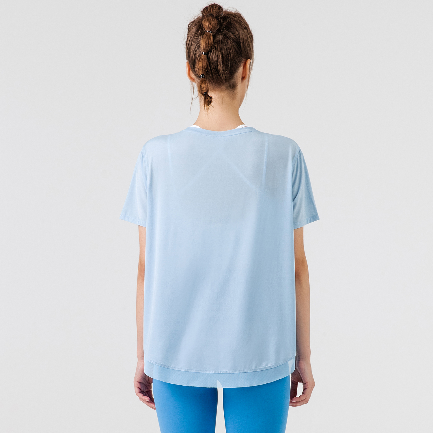 Hergymclothing Sky Blue round neck loose fitting quick dry soft comfy lightweight see through transparent mesh yoga gym tee shirts for sale