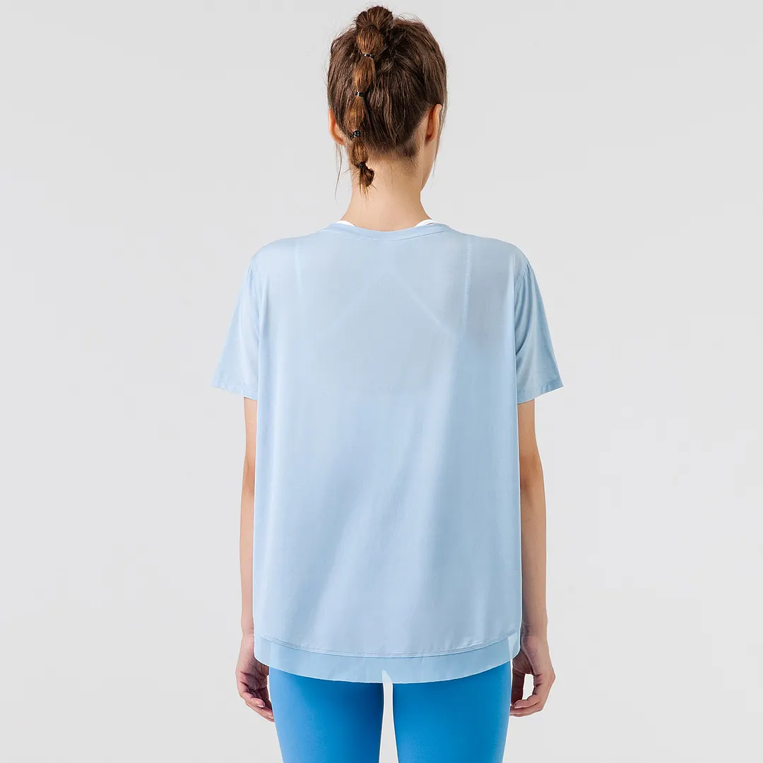 Hergymclothing Sky Blue round neck loose fitting quick dry soft comfy lightweight see through transparent mesh yoga gym tee shirts for sale