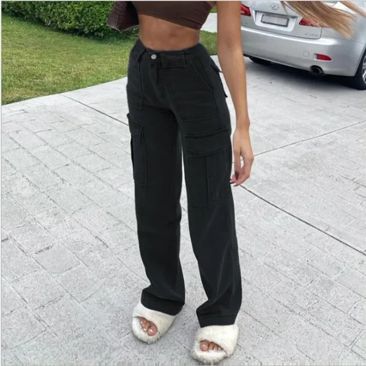Lvpinyuan New High Waist Splicing Pocket Straight Jeans Women Comfortable Casual Loose Overalls Streetwear Denim Pants Female Trousers