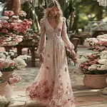 Women's Vintage Pink Floral Art Long Sleeve Maxi Dress - Image 2