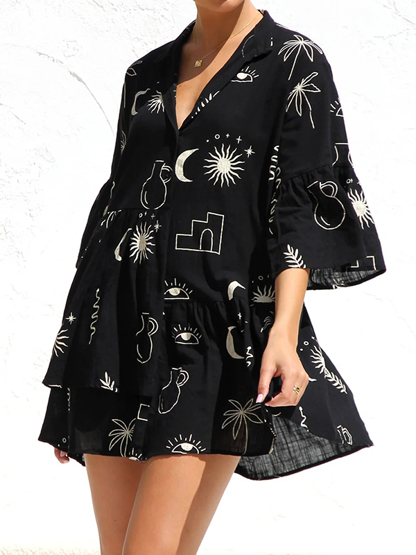 Geometrical Pattern Flared Bell Shaped Sleeve V Neck Shirt Mini Dress