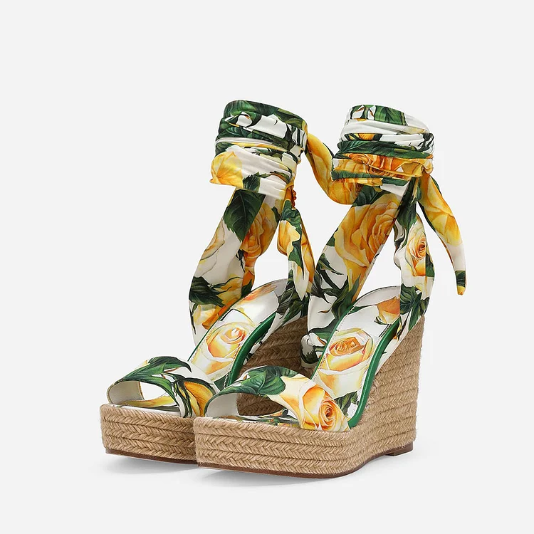 Multi Color Floral Satin Ribbons Open Toe Wedge Sandals for Women |FSJ Shoes