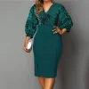 Women's Plus Size Sequin Dress Pure Color V Neck 3/4 Length Sleeve Winter Fall Fashion Elegant Sequins Midi Dress Office Work Dress