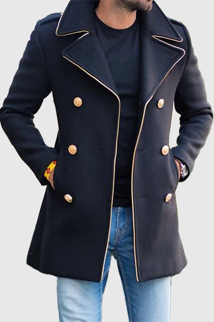 Tiboyz Men's Poket Mid-Length Color Black Double Breasted Coat