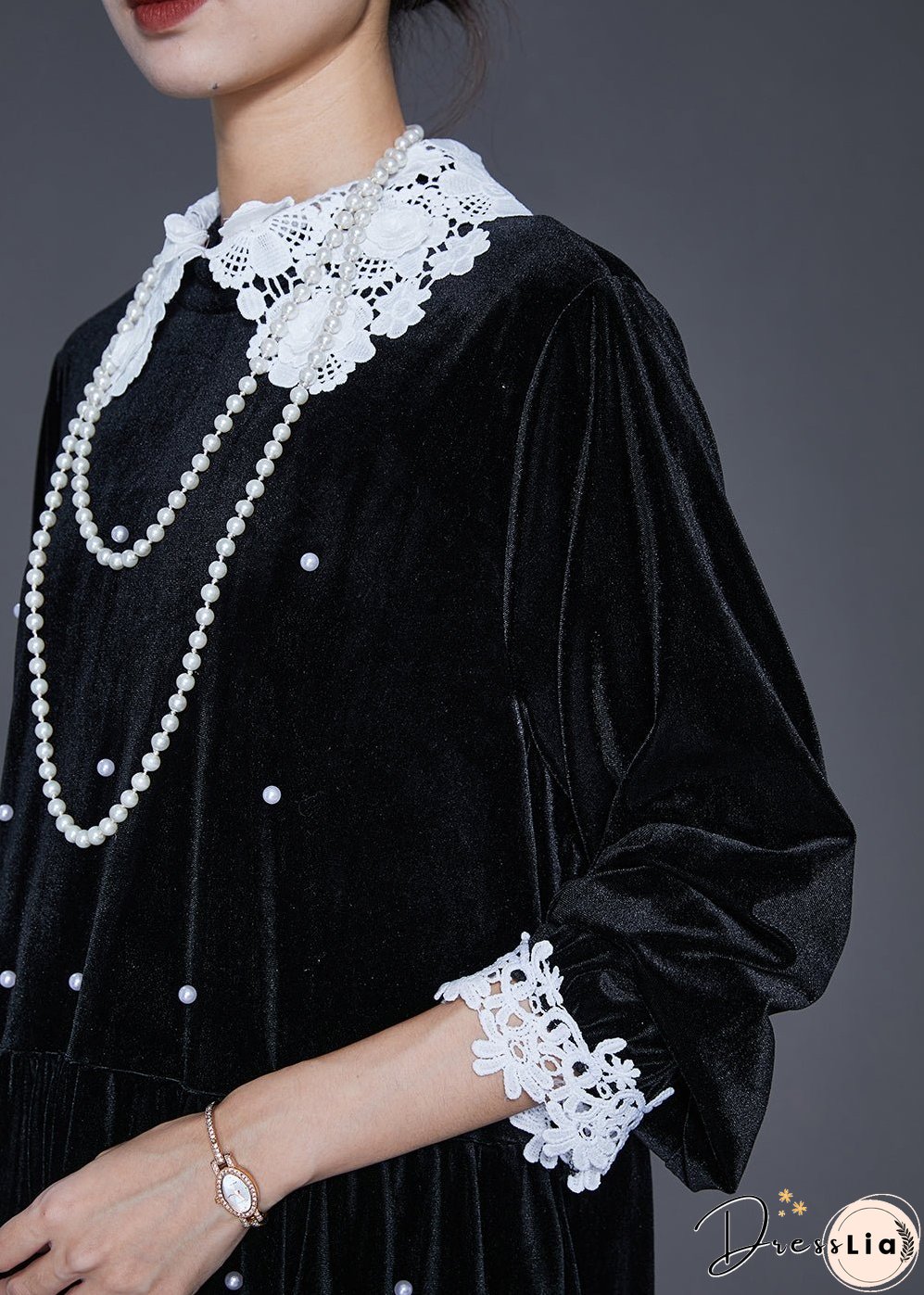 Loose Black Lace Patchwork Nail Bead Silk Velvet Long Dresses Spring