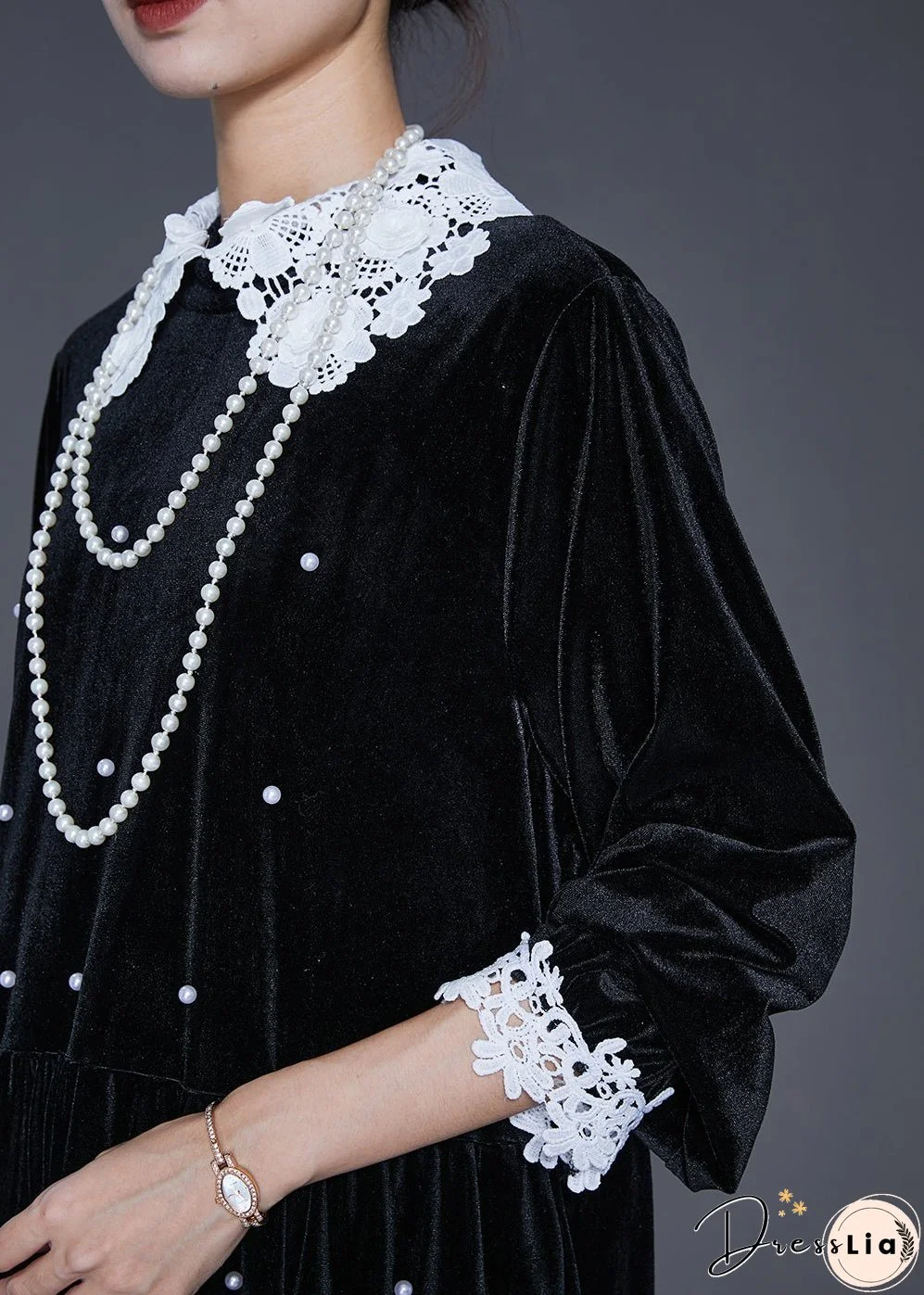 Loose Black Lace Patchwork Nail Bead Silk Velvet Long Dresses Spring