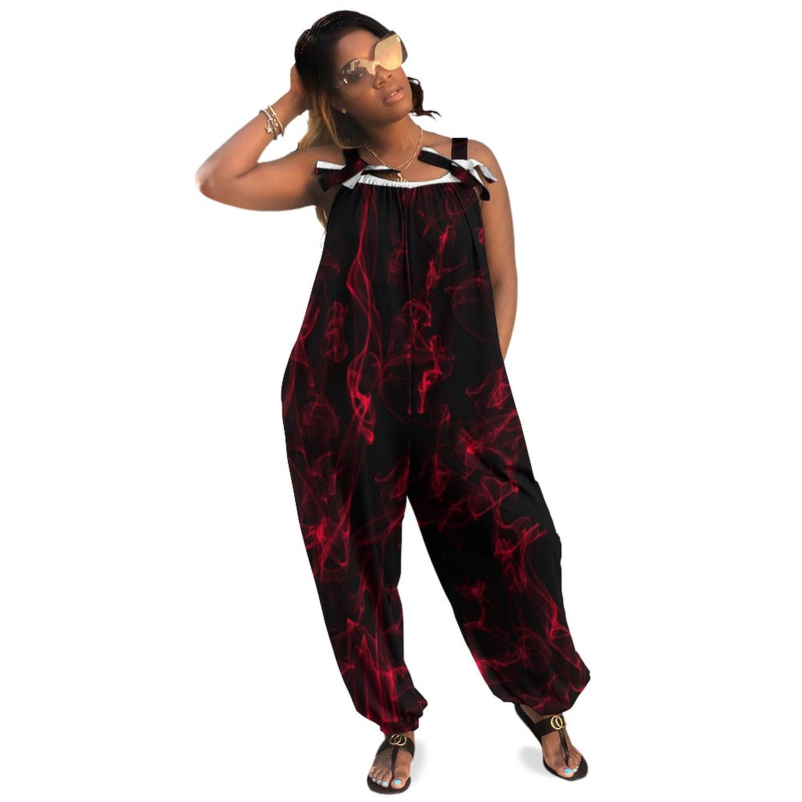Red Liquid Smoke Pattern Plus Size Women Rompers Summer Casual Loose Ribbed Jumpsuit Womens Overalls Matching Jumpsuits Natural Waist Long Length