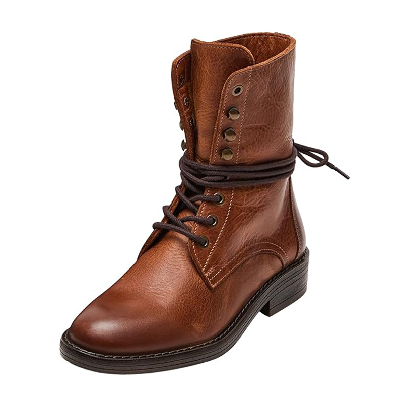 Brown Vegan Leather Sophisticated Round Toe Lace-Up Comfy Ankle Boots