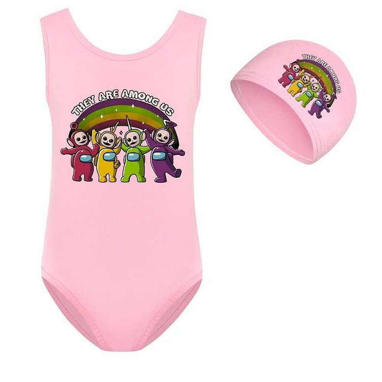 Teletubbies Rainbow Print Little Girls Cute One Piece Beach Swimsuit-Mayoulove