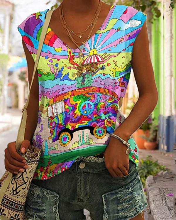 🔥kukelife🔥Hippie Peace Art Print V-Neck Tank Top