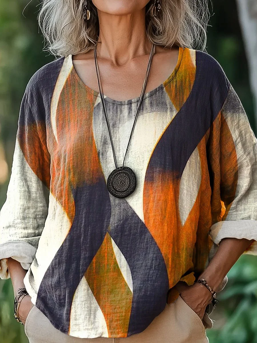 Women's Abstract Curved Geometric Stripes Art Print Casual Cotton And Linen Shirt