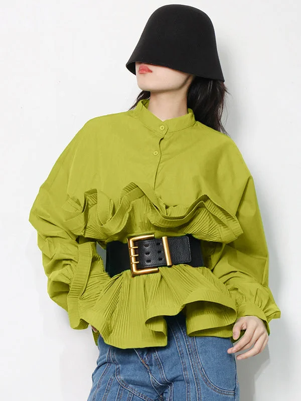 Stylish Loose Long Sleeves Buttoned Falbala Belted Solid Color Stand Collar Blouses&Shirts Tops