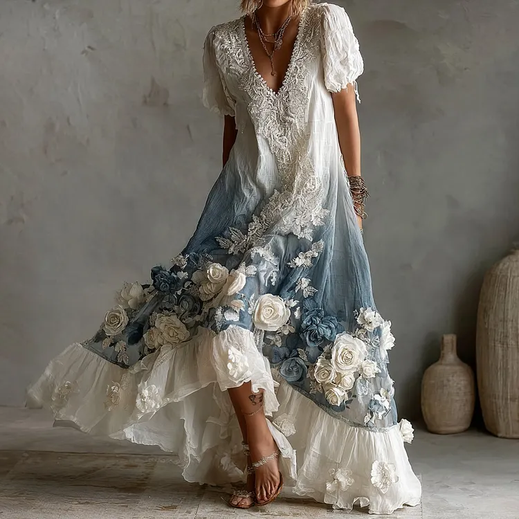 Women's Retro White Rose Embroidery Pattern Gradient Short Sleeve Dress