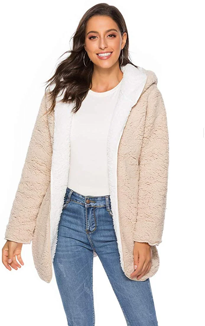 Women Fuzzy Fleece Coat Casual Warm Hooded Faux Fur Jacket Long Reversible Outwear with Pockets