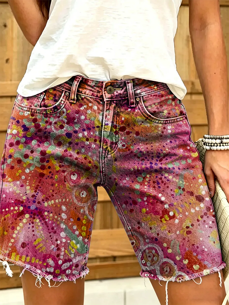Ethnicity Dot Gradation Women's Art Print Casual Denim Shorts