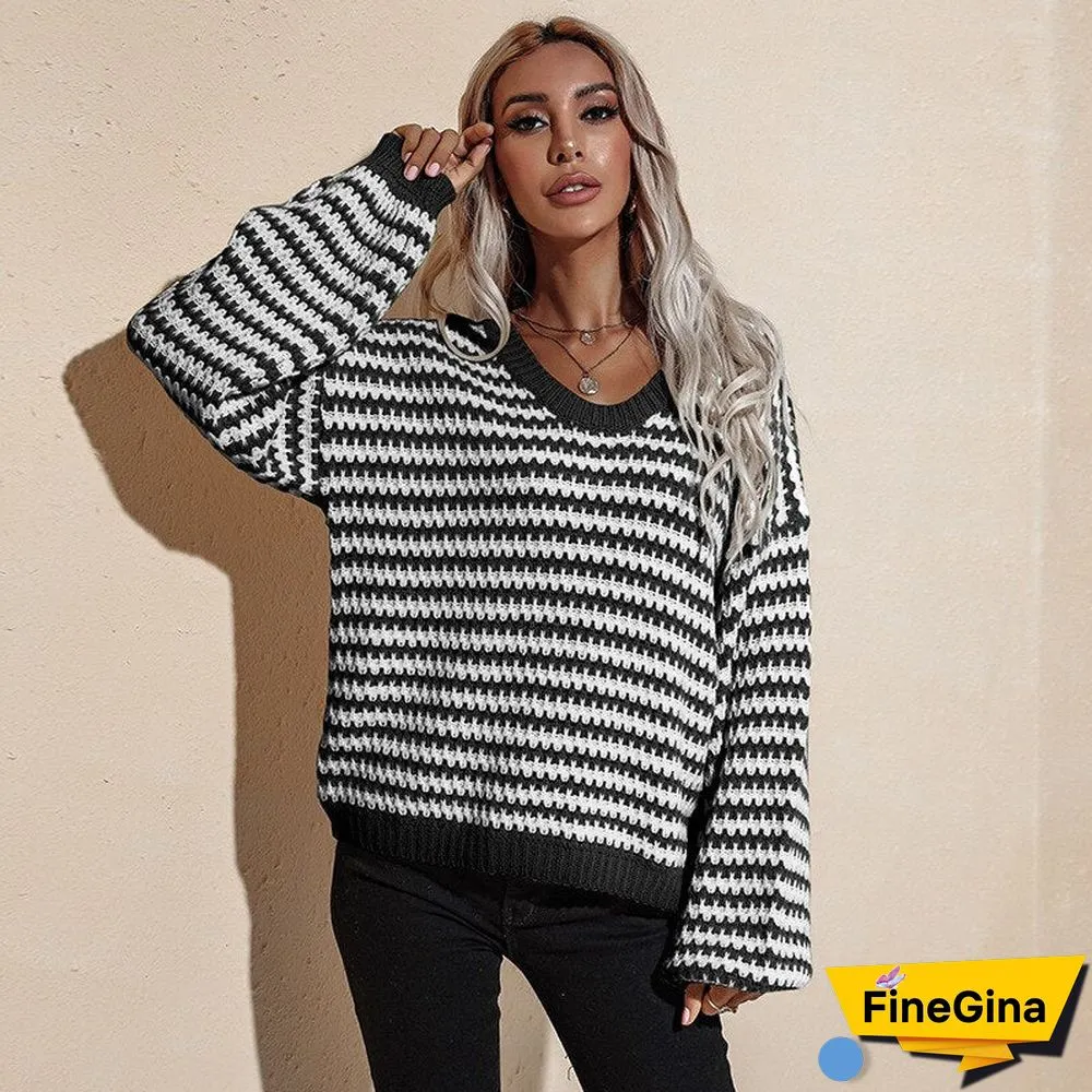 Ladies Sweater Puff Sleeve Pullovers Knitwear Women's Sweater Oversize Striped Off The Shoulder Sweaters Women Fashion Autumn