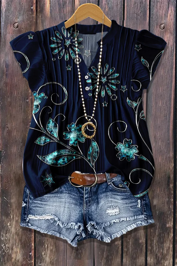 Chic Floral Print Flutter Sleeve Ribbed Top