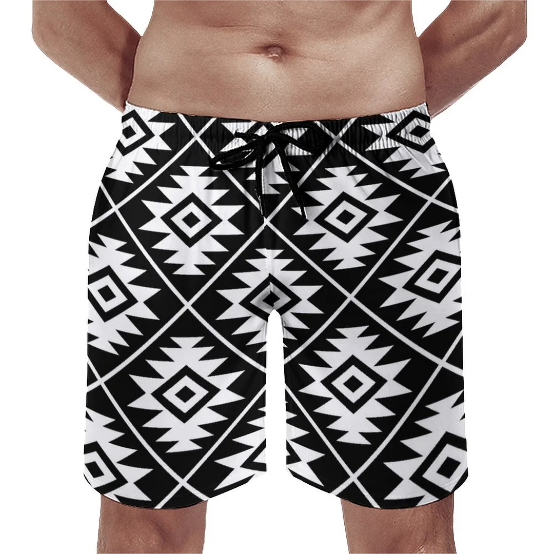 Aztec Teal Terracotta Blk Crm Mix Motifs Men's Swim Trunks Summer Board Shorts Quick Dry Beach Short with Pockets